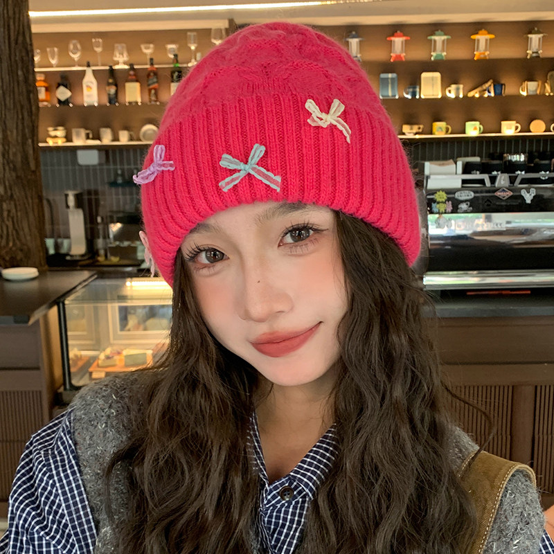 彩色蝴蝶结毛线帽女秋冬厂家直销
