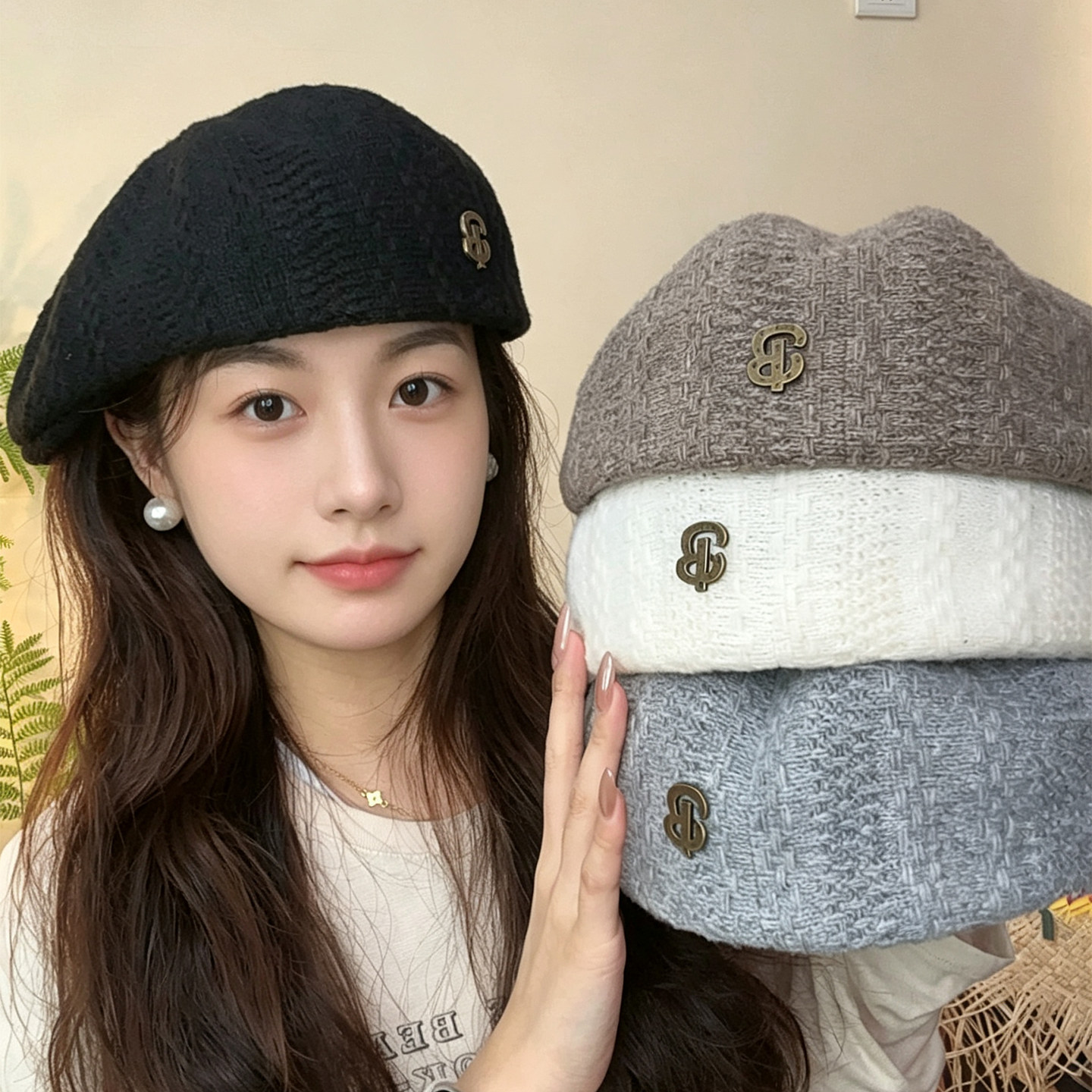 针织定型显脸小百搭报童帽女款
