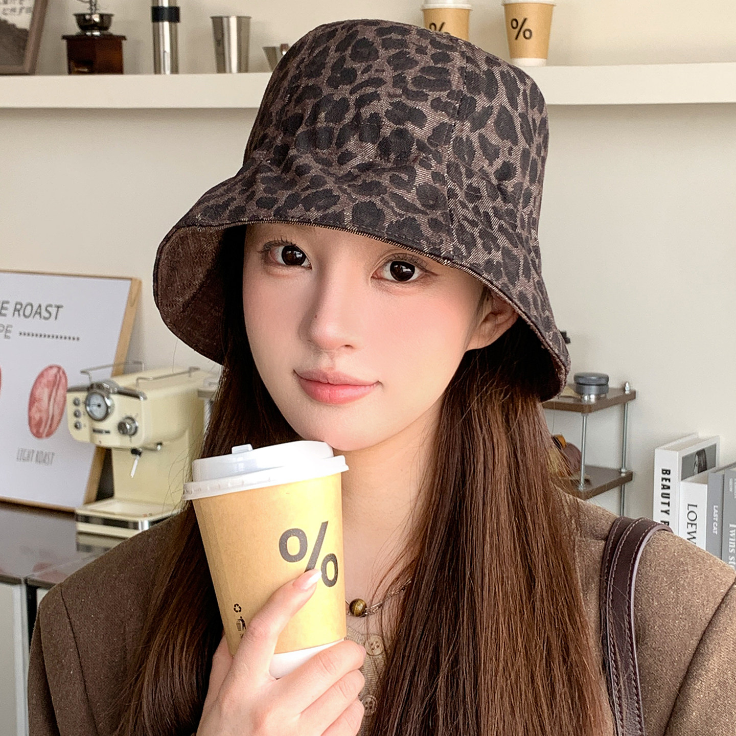 复古豹纹宽檐显脸小渔夫帽女款