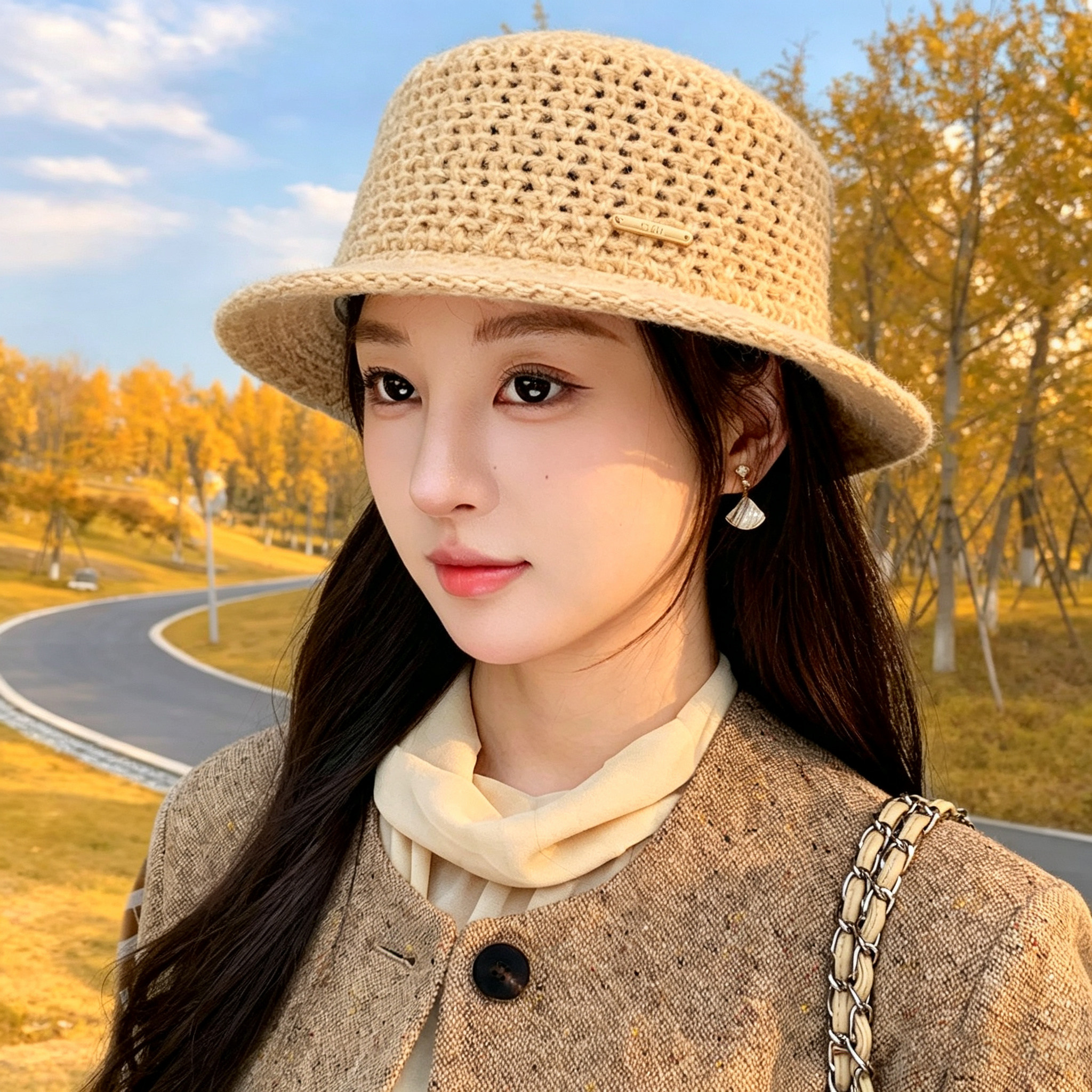 法式秋冬针织宽檐显脸小礼帽女