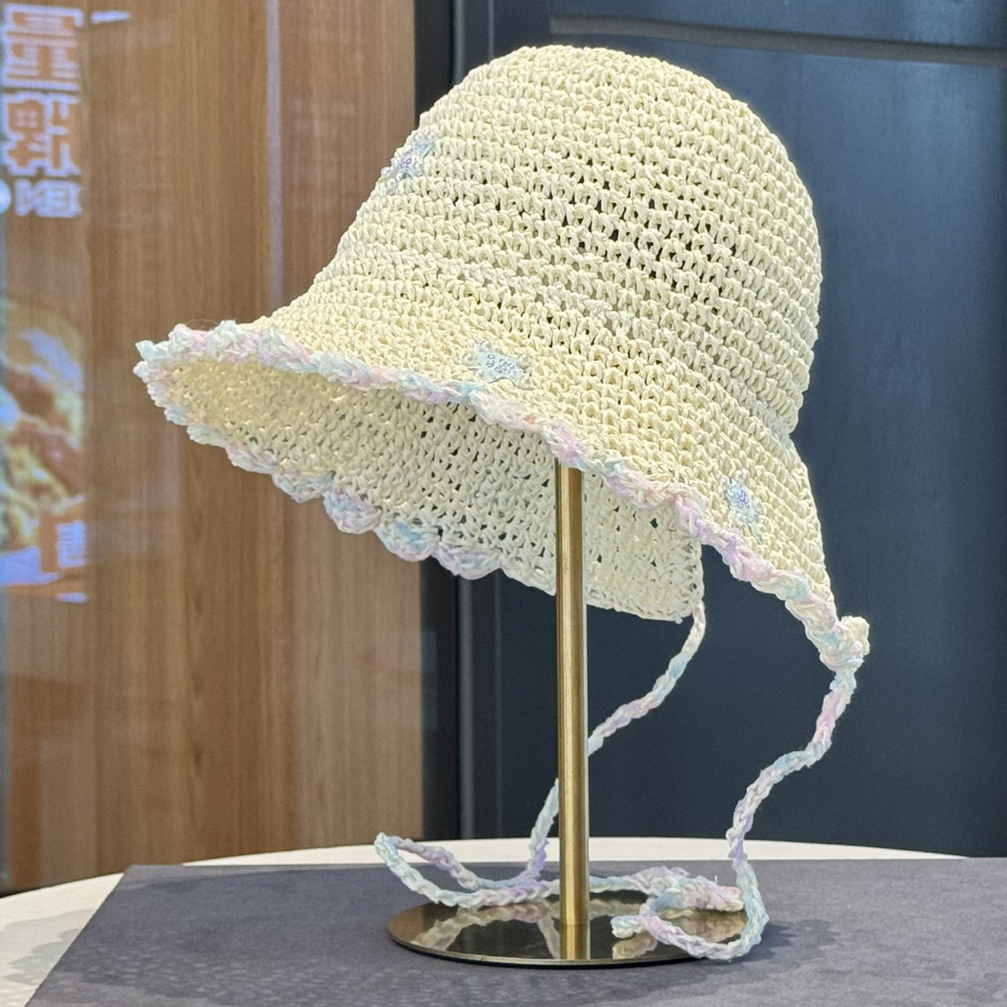 度假风帽子女花边绑带渔夫帽夏季时尚沙滩海边大檐遮阳防晒帽草帽