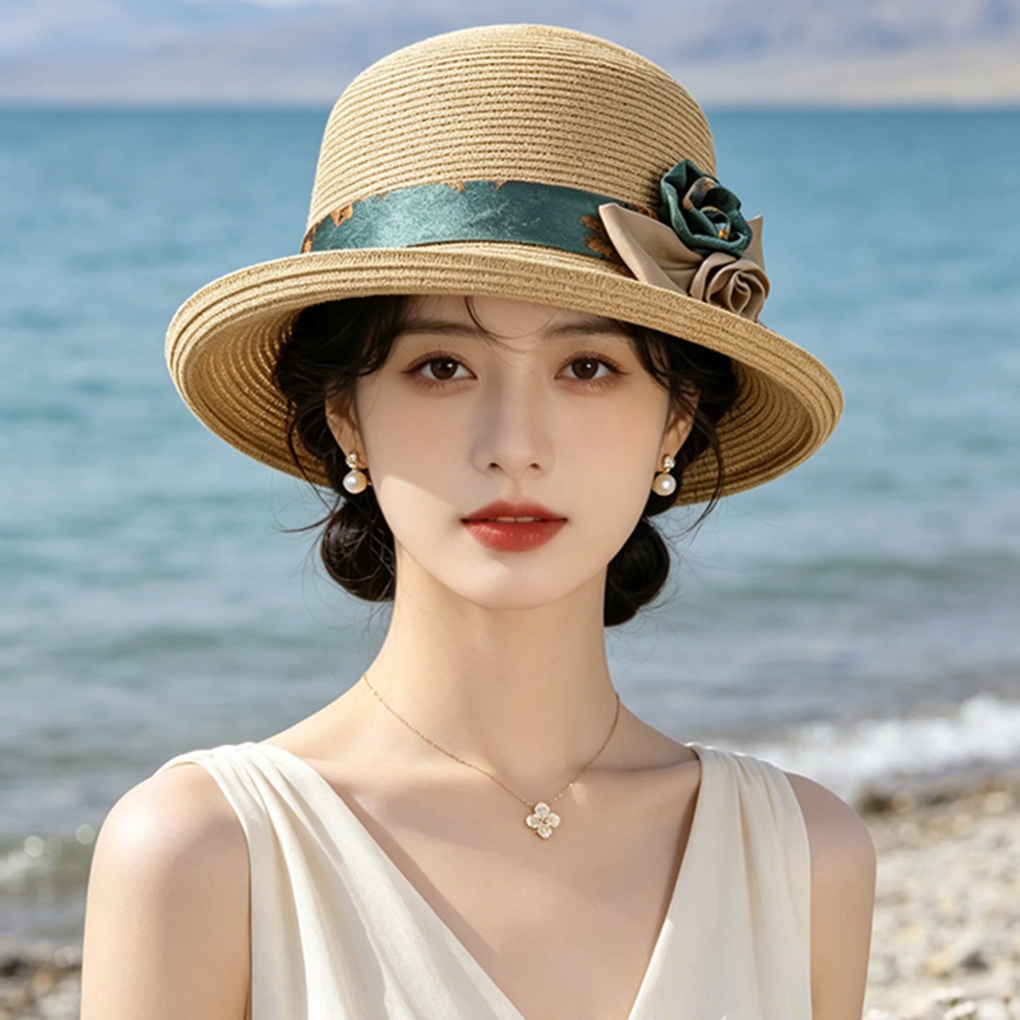 绸缎花朵草编帽子女款2026新款春夏季遮阳防晒帽宽檐显脸小草帽潮