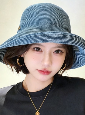 蓝色编织帽子女可折叠渔夫帽夏季新款遮阳帽户外防晒帽度假风草帽