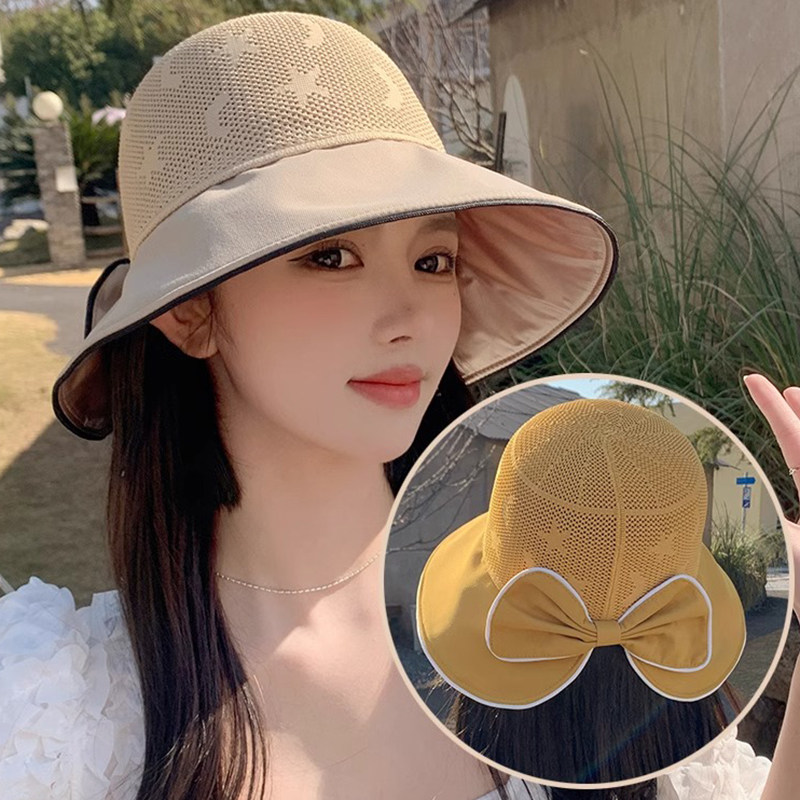 夏季大檐防晒渔夫帽子女防紫外线可折叠蝴蝶结黑胶时尚百搭遮阳帽
