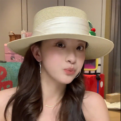 神仙藤井树同款法式优雅草编平顶帽子女防晒帽遮阳帽海边度假草帽