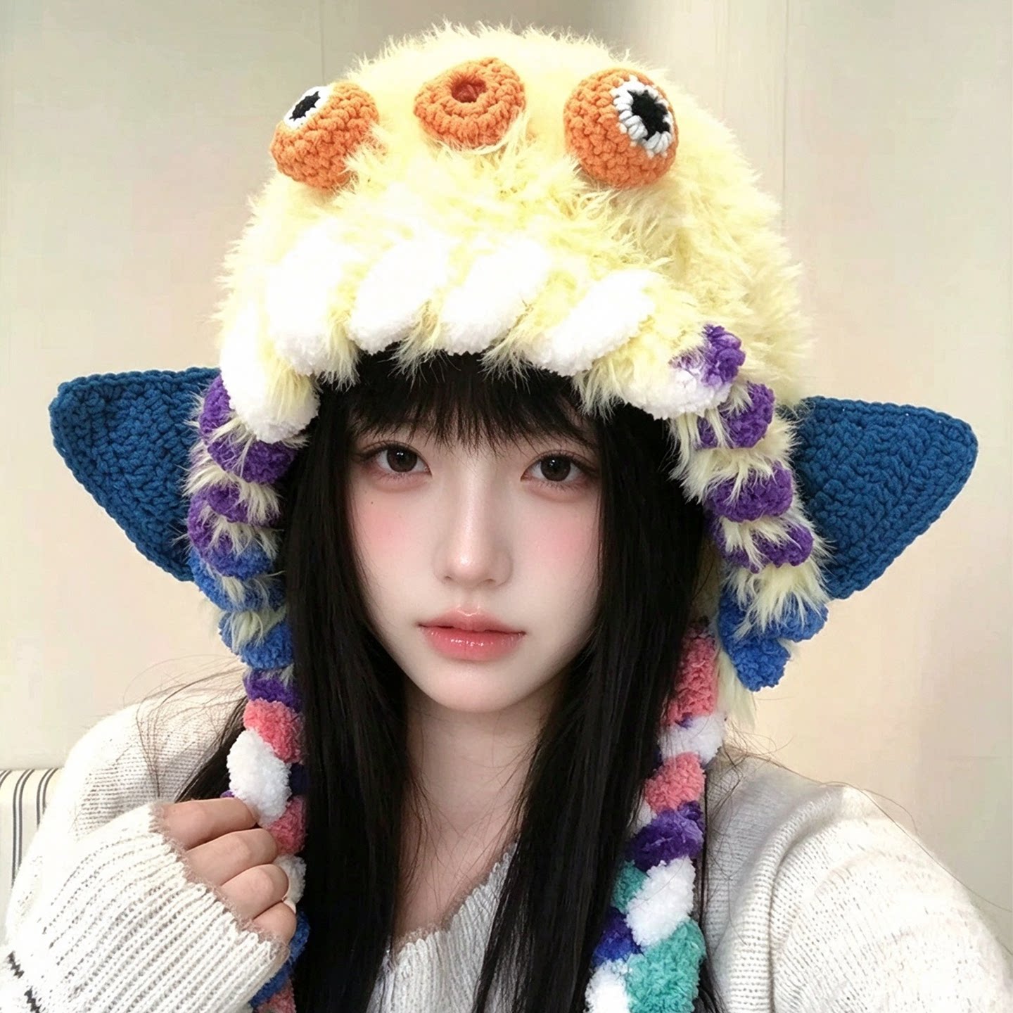 可爱搞怪小怪兽毛绒帽子女款秋冬季防寒保暖护耳针织帽百搭套头帽