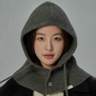 韩版简约百搭围脖一体含羊毛巴拉克拉法帽子女冬季保暖护耳针织帽