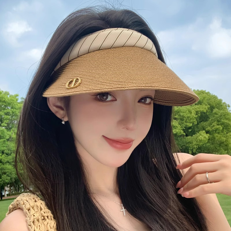 夏季新款草编遮阳帽子女出游沙滩大帽檐防紫外线可扎马尾空顶帽潮
