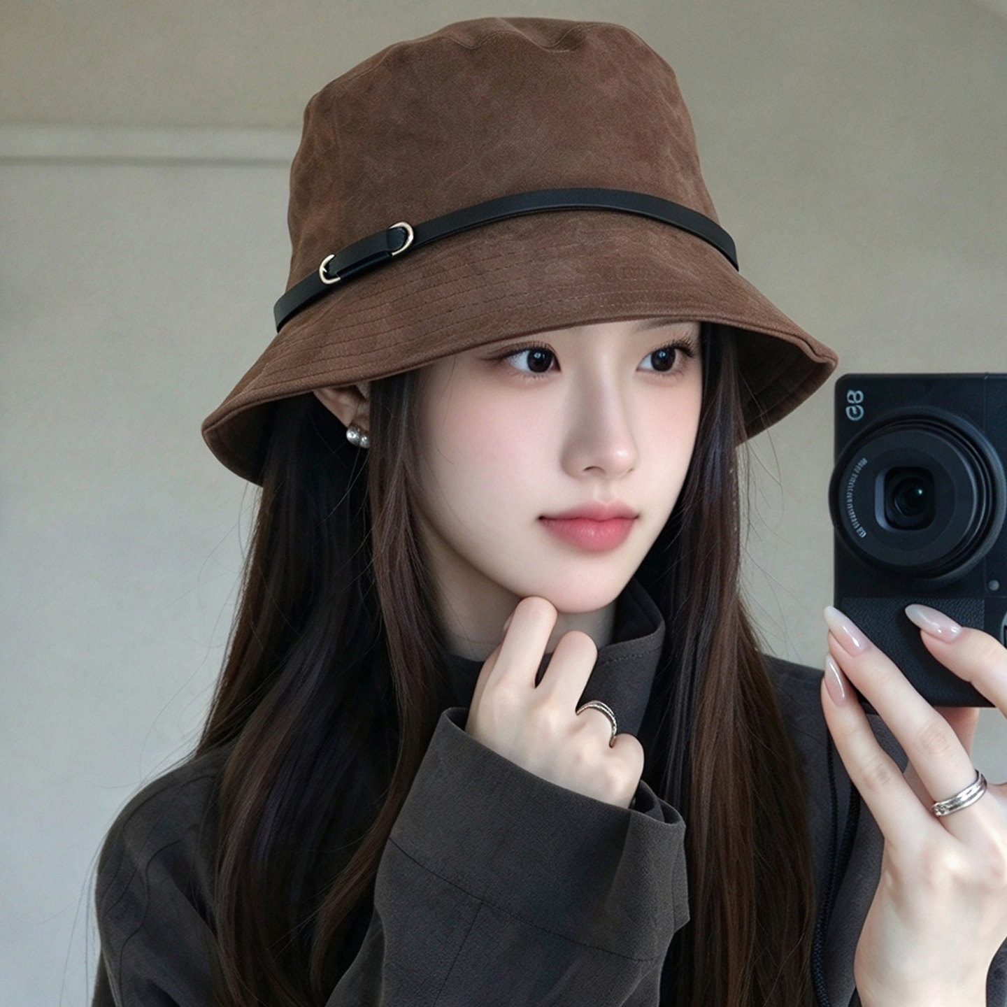 秋冬保暖皮带扣麂皮绒渔夫帽女