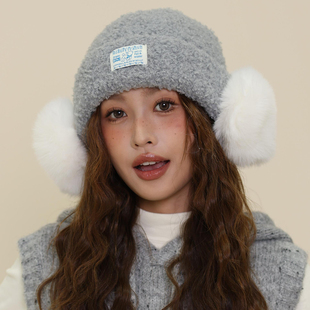 韩系新款毛绒贴布字母针织帽子女护耳一体秋冬季加厚保暖毛线帽潮