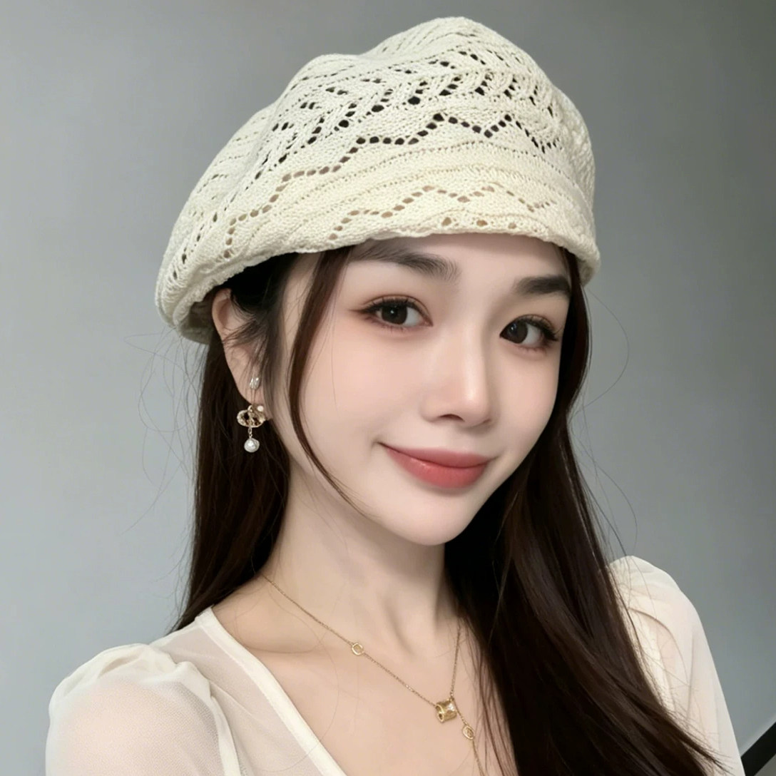 夏季镂空透气显脸小女款贝雷帽