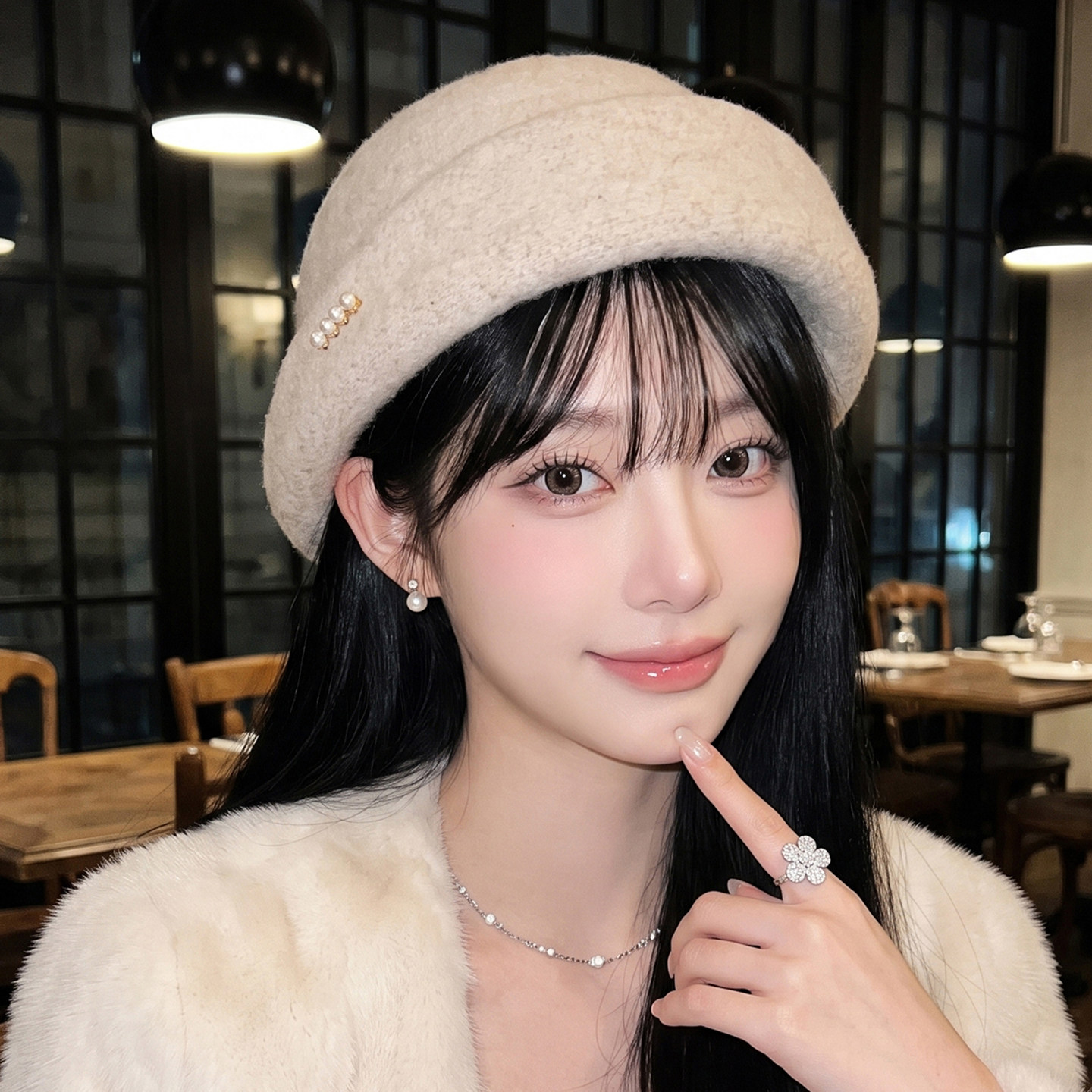 赫本风毛呢珍珠边渔夫帽女秋冬