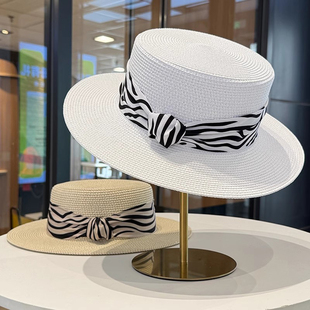 平顶礼帽女2026夏季 法式 时尚 草编宽檐太阳帽海边防晒遮阳草帽 新款