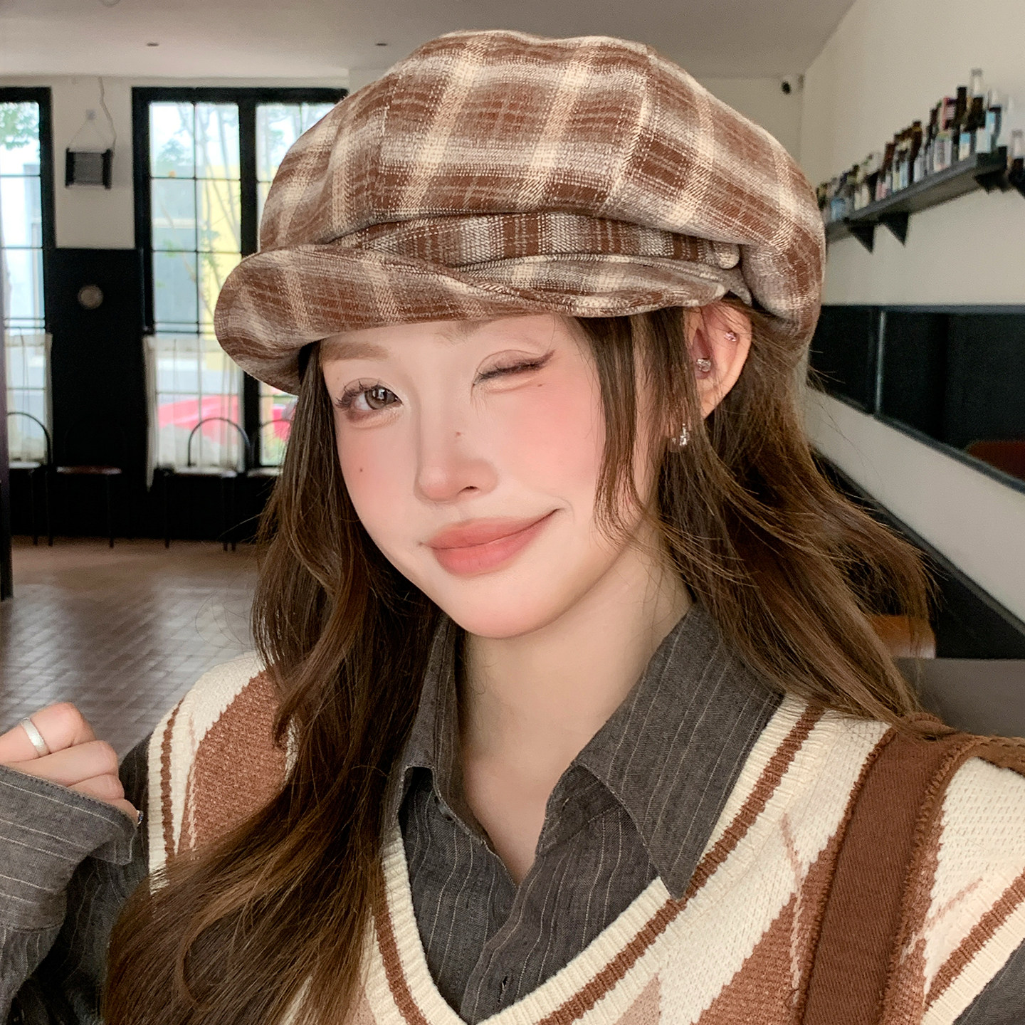韩版格纹显脸小八角贝雷帽女款