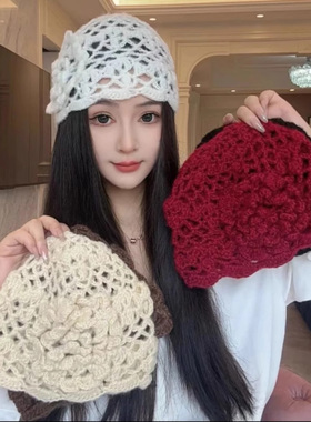 镂空手工钩针针织帽子女款2026春夏季新款透气洋气套头帽毛线帽