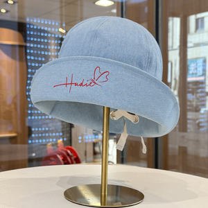 日系复古翻檐牛仔渔夫帽子女春秋季出游字母刺绣文艺百搭防晒帽潮