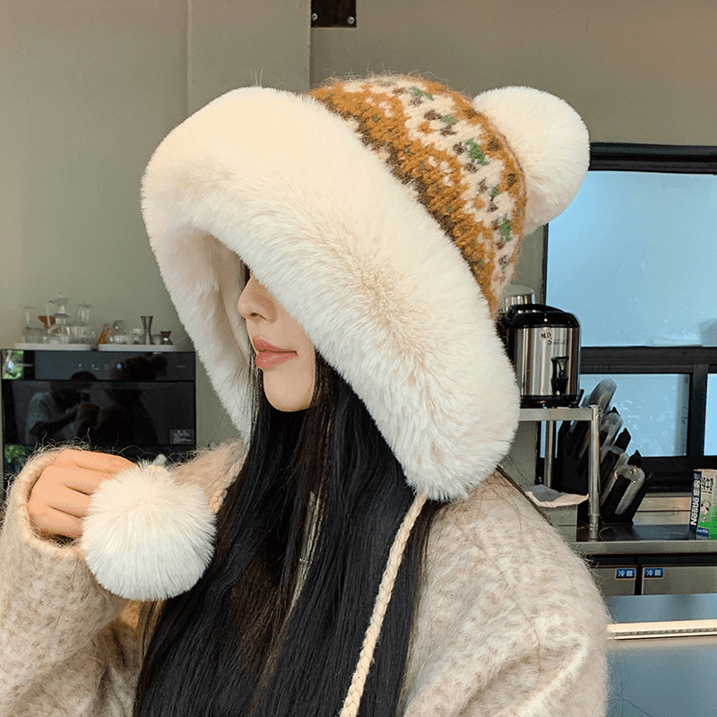 2025年冬季加厚保暖民族风毛绒绒雷锋帽子女东北防寒时尚针织帽子