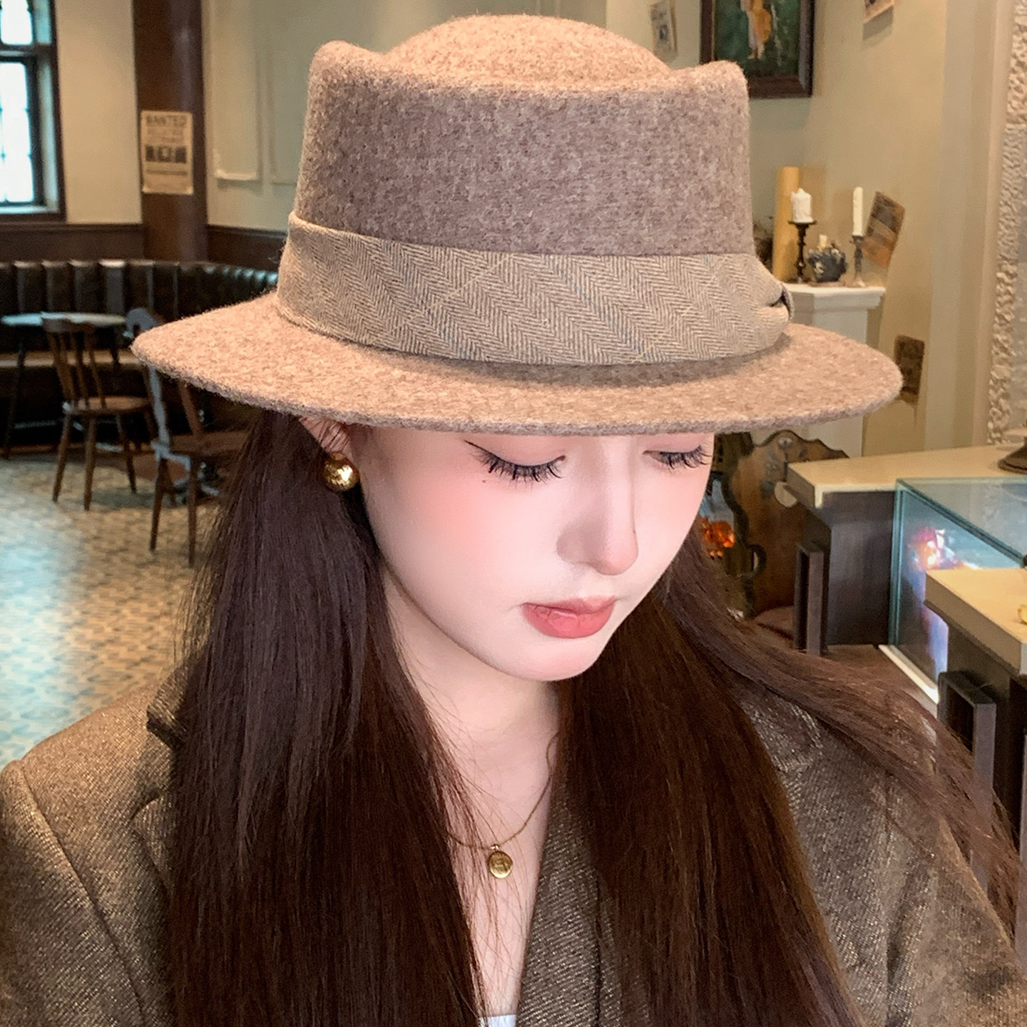 法式复古羊毛呢女爵士礼帽显脸小