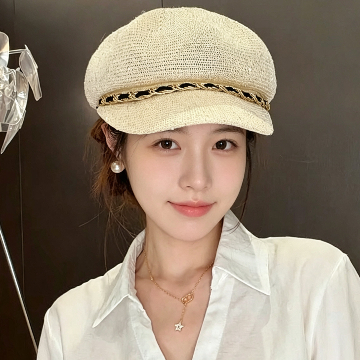 夏季女款透气镂空亮片链条贝雷帽