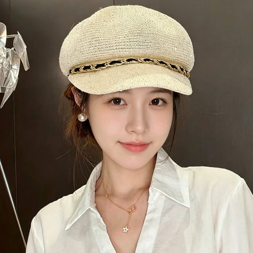 夏季女款透气镂空亮片链条贝雷帽