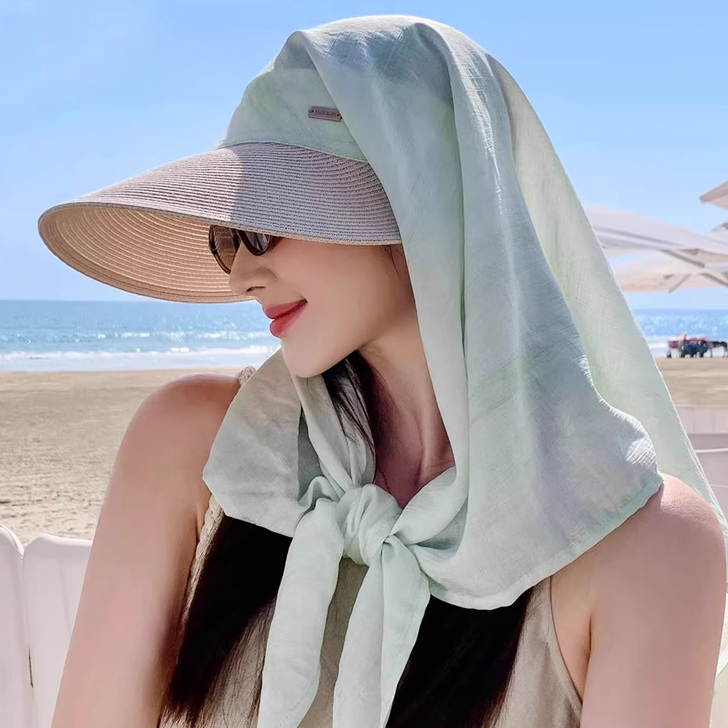 夏季女大檐防晒护颈丝巾披肩帽