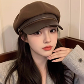 显脸小时尚 新款 百搭画家帽潮 复古拼接皮檐八角帽子女2026春季 韩版