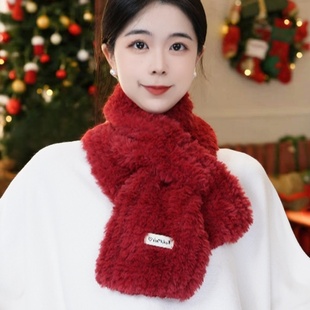 高级感红色围巾女2025秋冬季新款加厚保暖毛绒绒护颈韩系交叉围脖