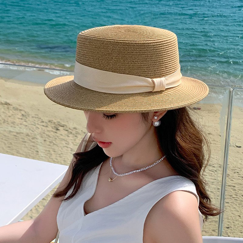 平顶草帽春夏季海边度假遮阳防晒子帽女法式优雅小礼帽草编太阳帽
