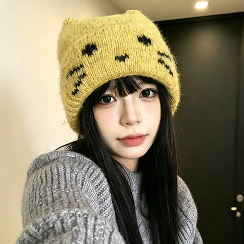 日系猫耳针织帽女秋冬保暖显小脸