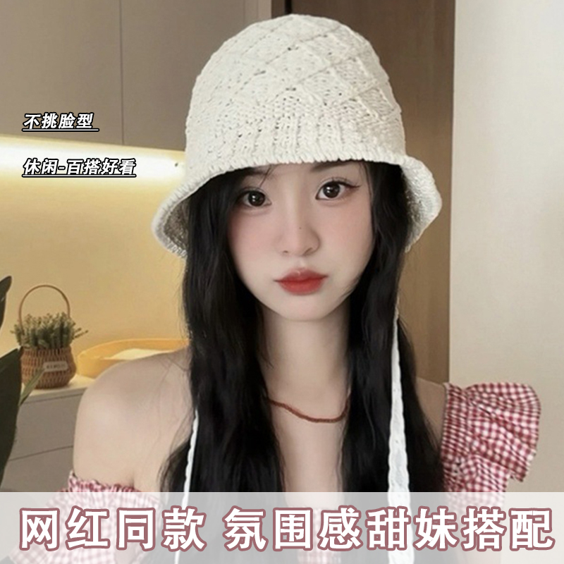 日系甜美草编渔夫帽子女款2025新款飘带设计夏季时尚防晒遮阳盆帽
