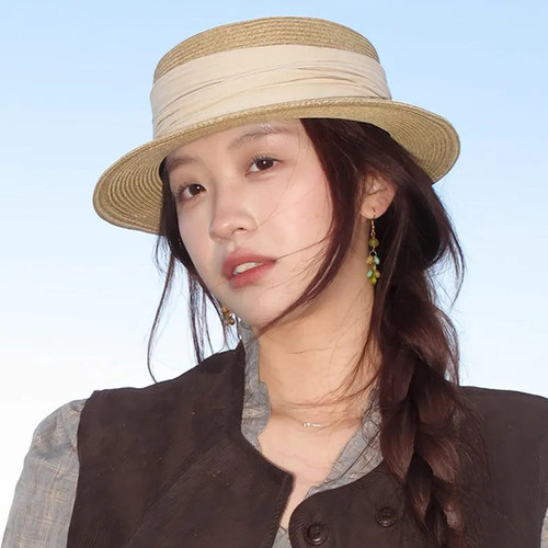 藤井树同款绑带防晒平顶草帽女