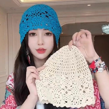 手工钩花包头帽子女春夏薄款透气出游度假针织帽复古文艺风堆堆帽