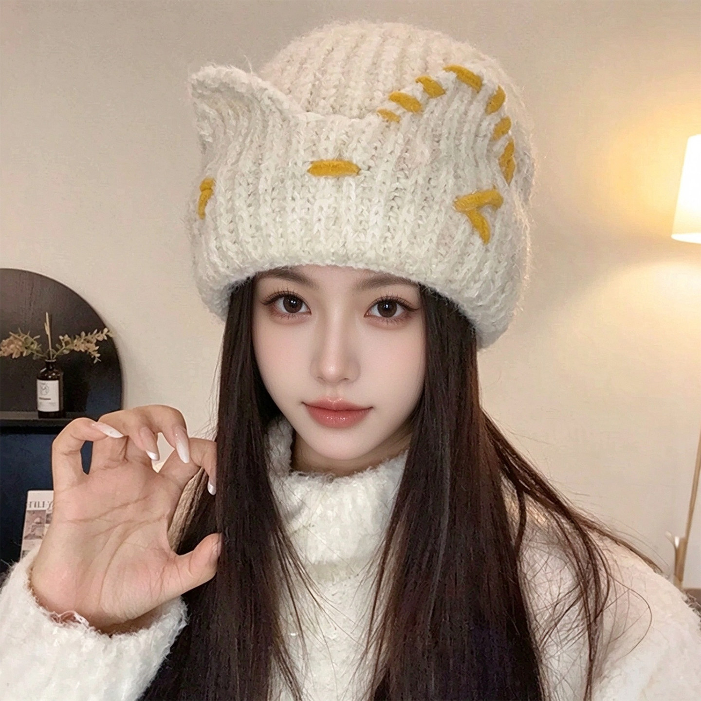 日系猫耳针织帽女秋冬保暖显小脸