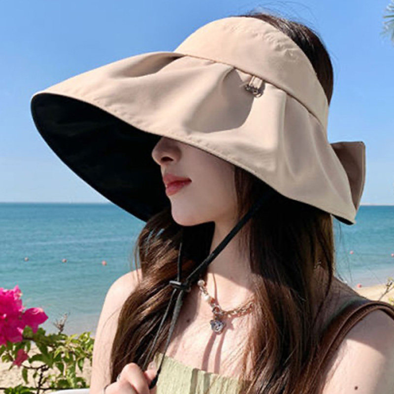 夏季黑胶遮阳防晒太阳帽子女可折叠大檐防紫外线蝴蝶结空顶渔夫帽