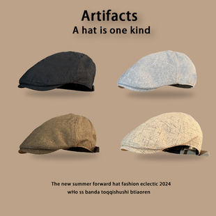 日系复古棉麻简约前进帽子女夏季 街头百搭英伦风文艺显脸小遮阳帽