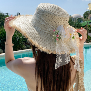 蕾丝蝴蝶结大帽檐草编帽子女春夏季海边遮阳防晒沙滩帽度假风草帽
