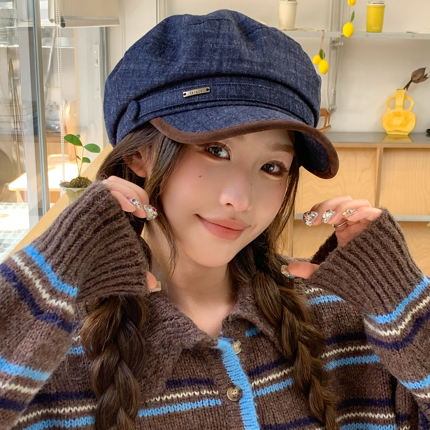 秋季女款宽檐显脸小牛仔八角帽