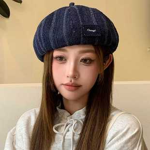 韩版 英伦风素颜百搭显脸小画家帽 复古条纹贝雷帽子女2025秋季 新款