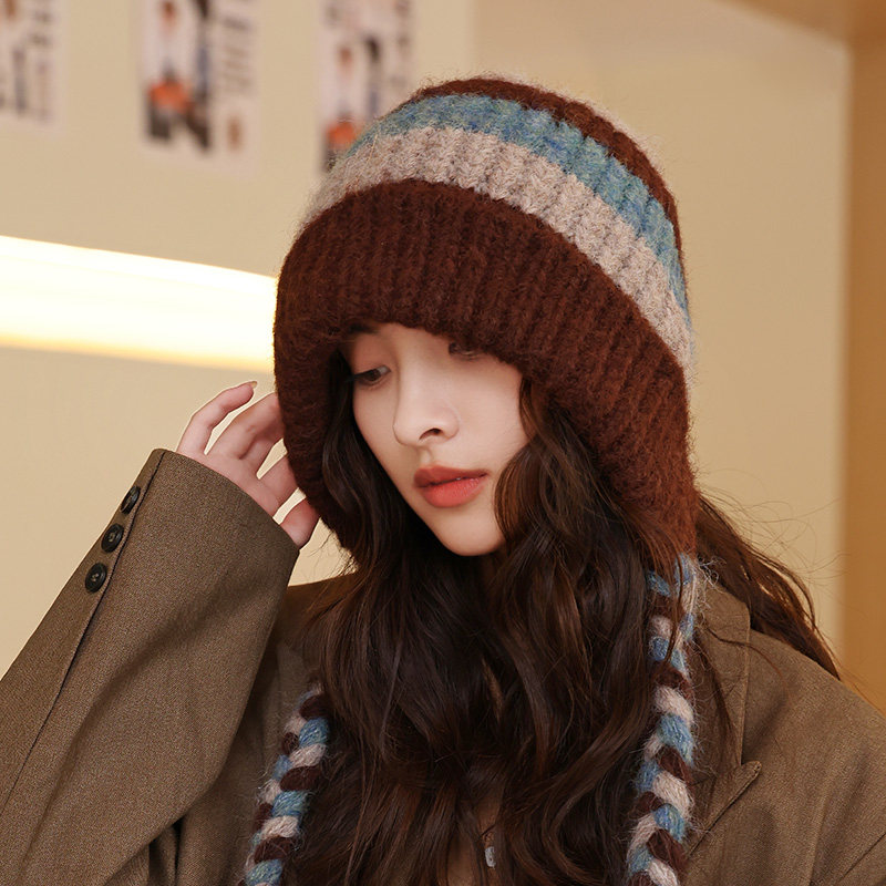 秋冬季新款撞色流苏针织帽子女户外防寒保暖休闲百搭显脸小毛线帽