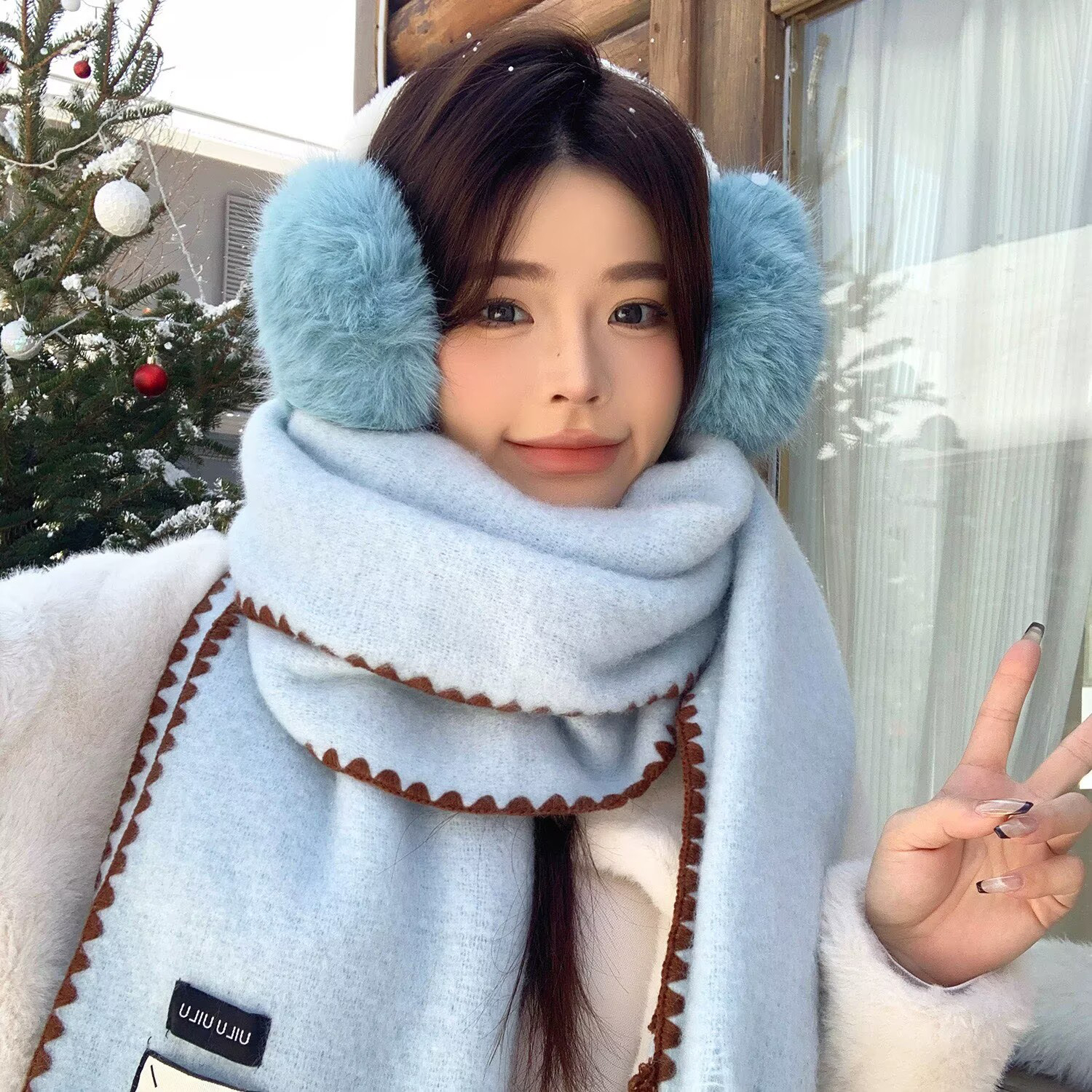 日系氛围感锁边围巾女士2025冬季新款百搭保暖高级感围脖防寒护颈