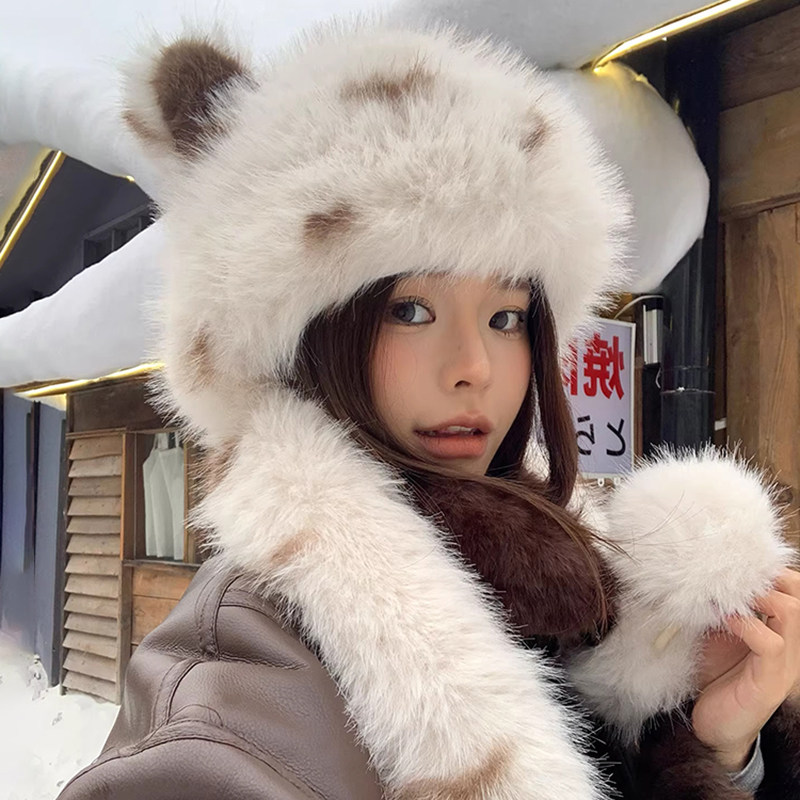 2025新款可爱熊耳吊球毛绒套头帽子女围脖一体冬季防寒保暖护耳帽