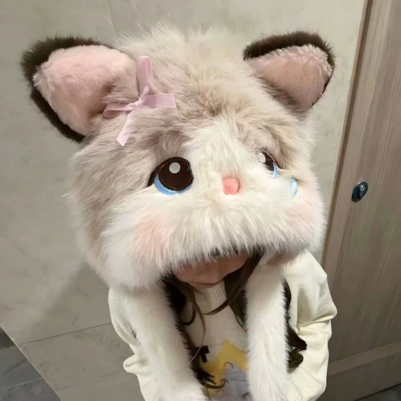 可爱猫咪毛绒捏耳会动雷锋帽女