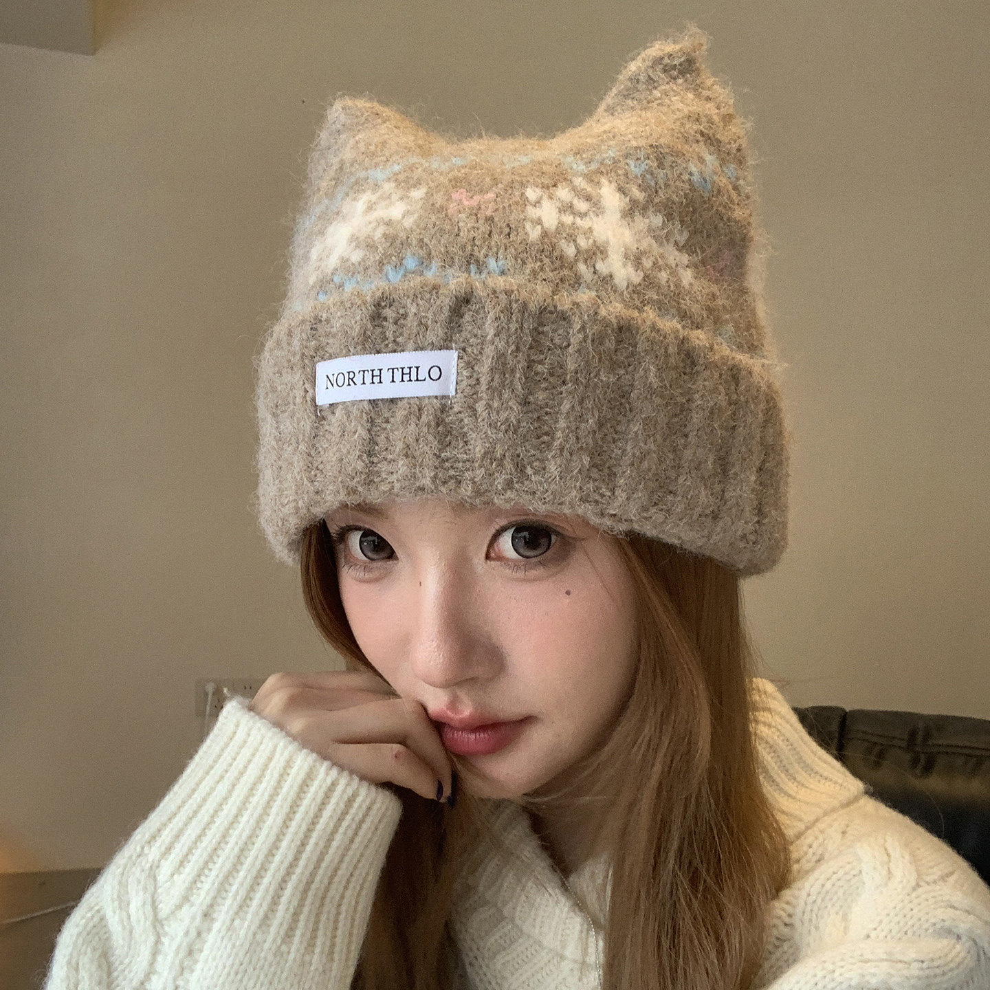 费尔岛雪花猫耳针织帽女秋冬保暖