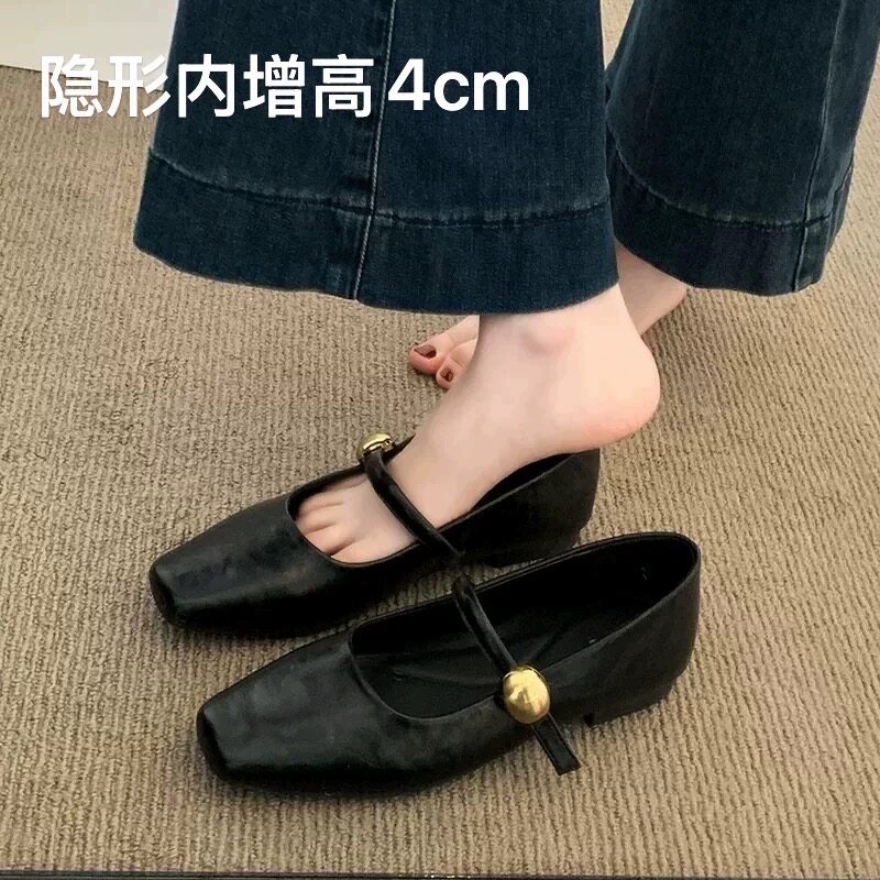 羊皮版～内增高黑色单鞋女2026春季新平底小皮鞋法式玛丽珍女鞋子