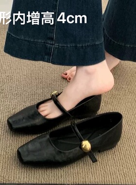 羊皮版～内增高黑色单鞋女2026春季新平底小皮鞋法式玛丽珍女鞋子