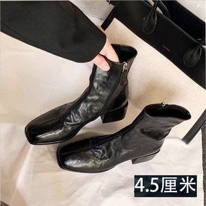 牛皮版~方头法式短靴女秋冬粗跟瘦瘦靴侧拉链马丁靴西部牛仔靴子