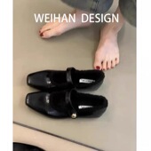 女复古百搭黑色方头一字带平底加绒保暖单鞋 羊皮版 毛毛玛丽珍鞋