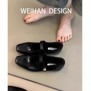 羊皮版~毛毛玛丽珍鞋女复古百搭黑色方头一字带平底加绒保暖单鞋