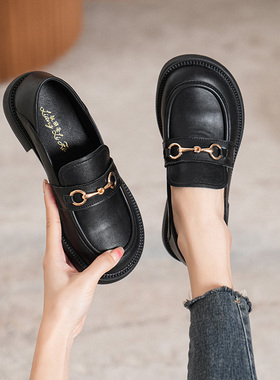 黑色小皮鞋女2025新款春季复古平底单鞋英伦乐福鞋真皮软底一脚蹬