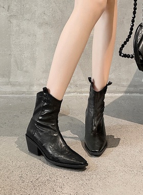 牛皮版~尖头V口西部靴女切尔西法式复古褶皱瘦瘦靴粗跟真皮短靴子